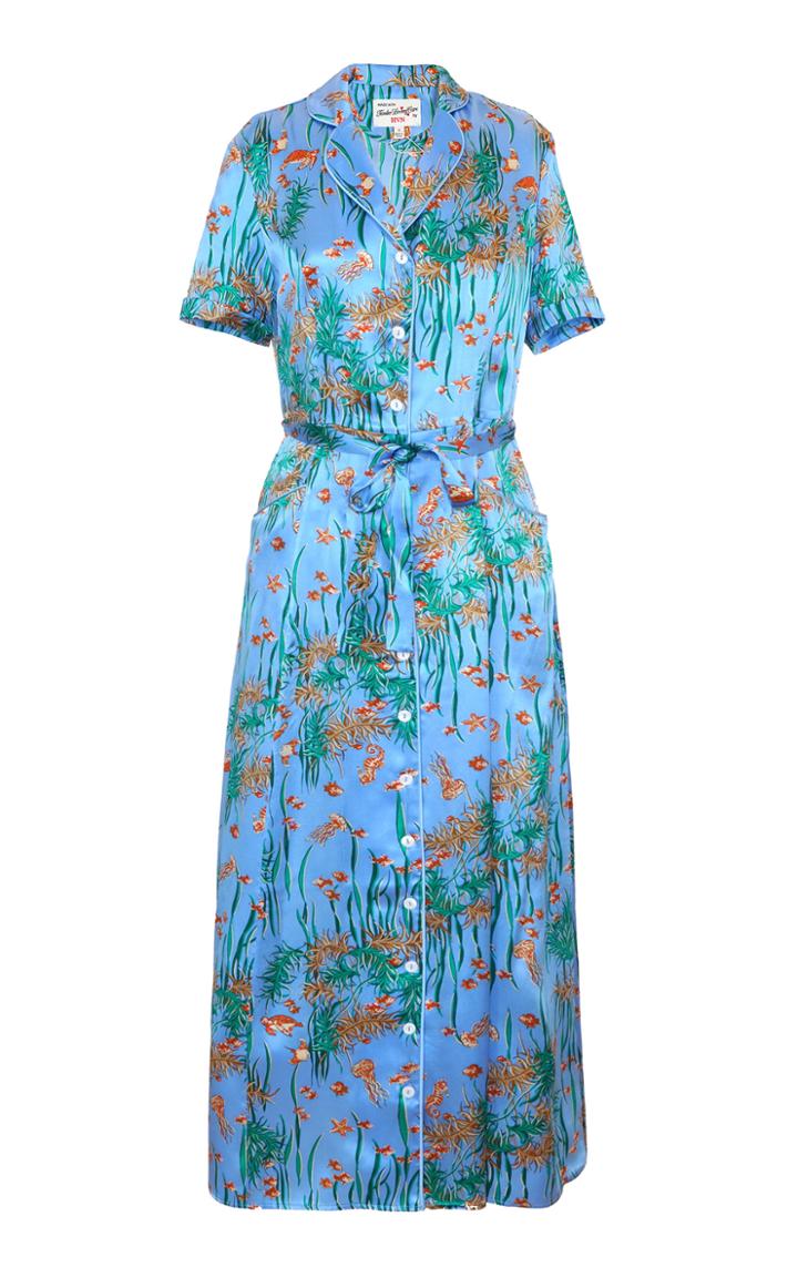 Hvn Maria Belted Printed Silk Midi Shirt Dress