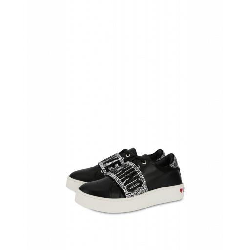 Love Moschino Rhinestone Band Leather Sneakers Woman Black Size 36