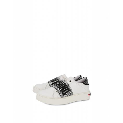 Love Moschino Rhinestone Band Leather Sneakers Woman White Size 35 It - (5 Us)