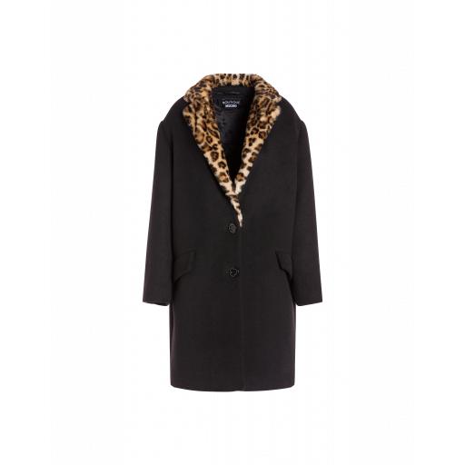 Boutique Moschino Velour Coat With Leopard Faux Fur Woman Black Size 42 It - (8 Us)