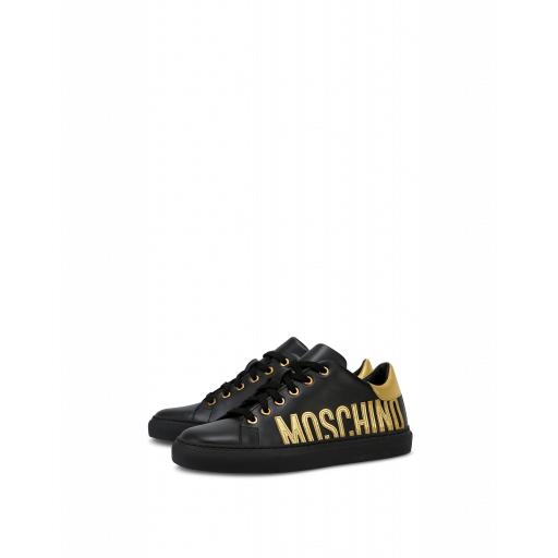 Moschino Leather Sneakers With Gold Logo Patch Woman Black Size 36 It - (6 Us)