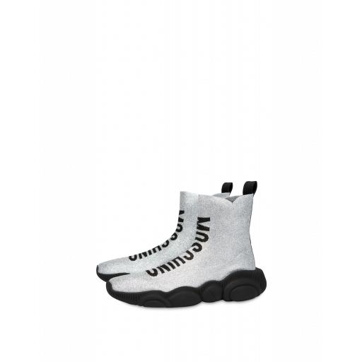 Moschino Lurex Teddy Shoes Sock Sneakers Woman Silver Size 35