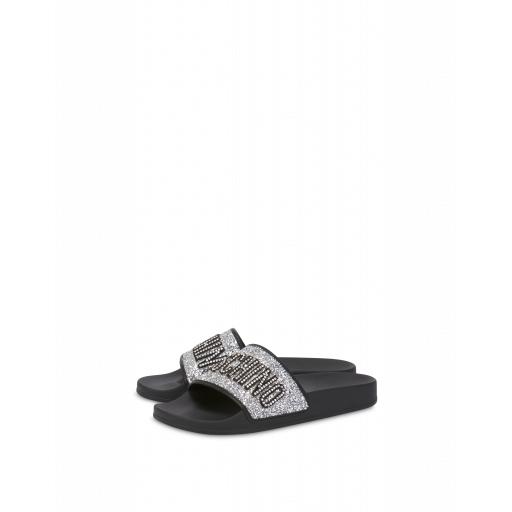 Moschino Glitter Lettering Jewel Pool Slides Woman Silver Size 37 It - (7 Us)