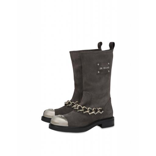 Love Moschino Hearts Chain Crust Leather Boots Woman Grey Size 36 It - (6 Us)