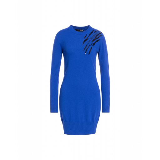 Love Moschino Plain Knitted Dress With Embroidery Woman Blue Size 44 It - (10 Us)