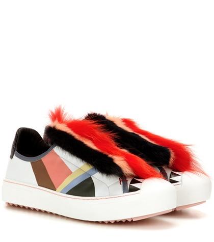 Fendi Fur-embellished Leather Sneakers