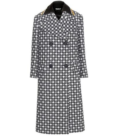 Miu Miu Wool Check Coat With Striped Leather Collar