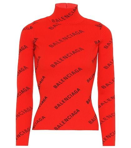 Balenciaga Allover Logo Ribbed Turtleneck Top