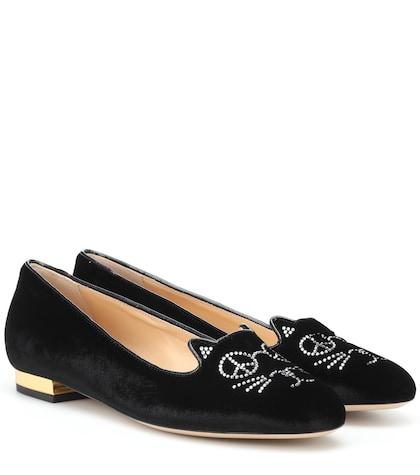 Charlotte Olympia Peaceful Kitty Velvet Ballet Flats