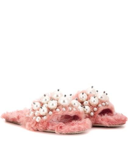 Miu Miu Embellished Faux Fur Slippers