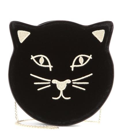 Charlotte Olympia Pussycat Embroidered Velvet Shoulder Bag