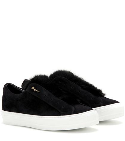 Salvatore Ferragamo Foxy Fur Fur-trimmed Suede Slip-on Sneakers