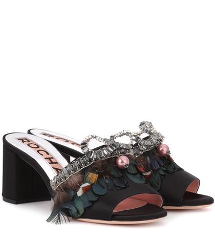 Rochas Feather-embellished Satin Sandals