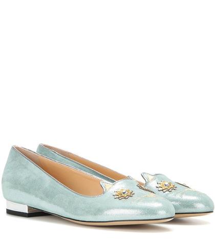 Charlotte Olympia Mechanical Kitty Metallic Leather Ballerinas