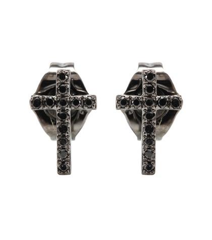 Sydney Evan Mini Cross 14kt Black Gold Earrings With Black Diamonds