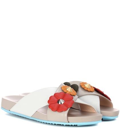 Fendi Embellished Leather Slides