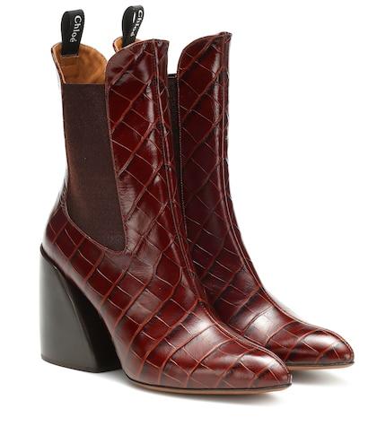 Chlo Wave Embossed Leather Ankle Boots