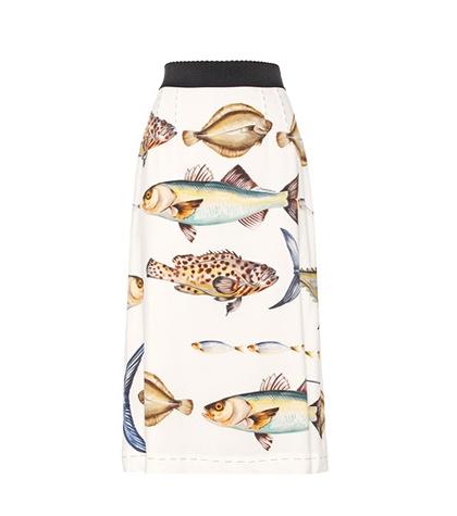 Dolce & Gabbana Fish Print Pencil Skirt With Bejeweled Buttons