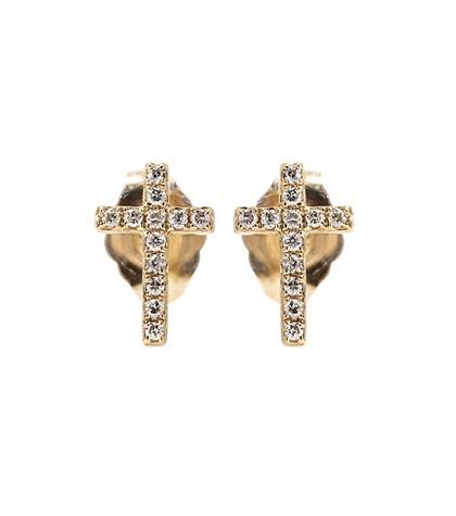 Sydney Evan Mini Cross 14kt Gold Earrings With White Diamonds