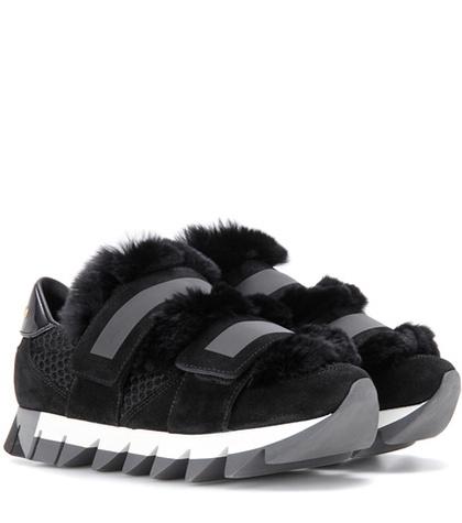 Tabitha Simmons Fur-embellished Suede And Mesh Sneakers