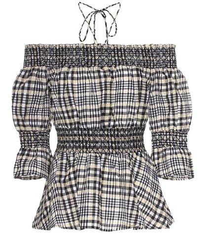 Ganni Charron Plaid Off-the-shoulder Top