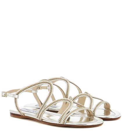 Jimmy Choo Nickel Flat Embellished Metallic Leather Sandals