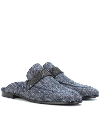 Brunello Cucinelli Linen And Silk Denim Slippers