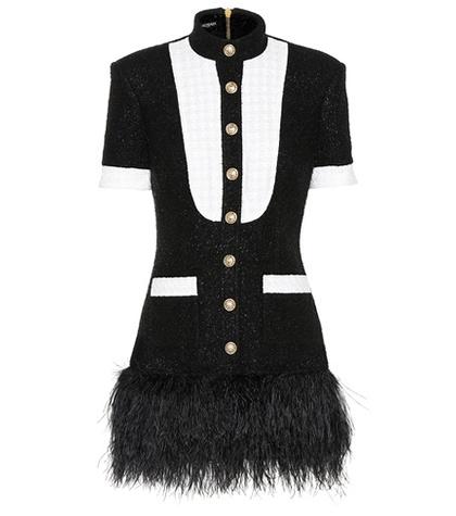 Balmain Feather-trimmed Tweed Minidress
