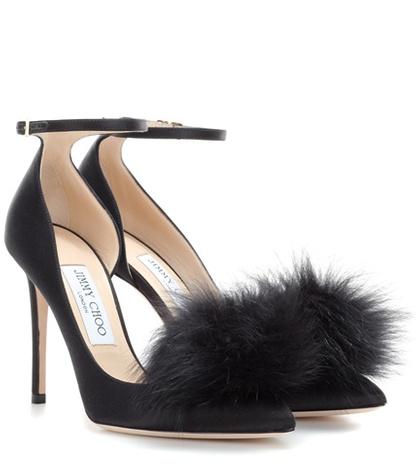 Jimmy Choo Rosa 100 Satin Pumps With Clip-on Fur Pompoms