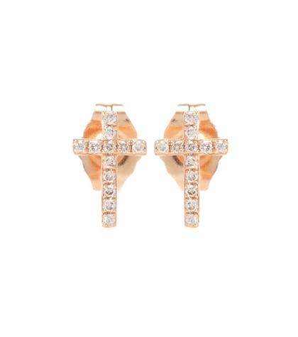 Sydney Evan Mini Cross 14kt Rose Gold Earrings With White Diamonds