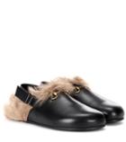 Gucci Fur-trimmed Leather Slippers