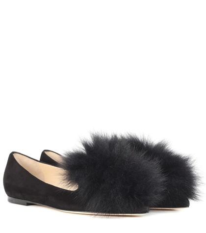 Jimmy Choo Gale Fur-trimmed Suede Ballet Flats