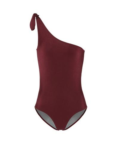 Maison Michel White Horse Striped One-shoulder Swimsuit