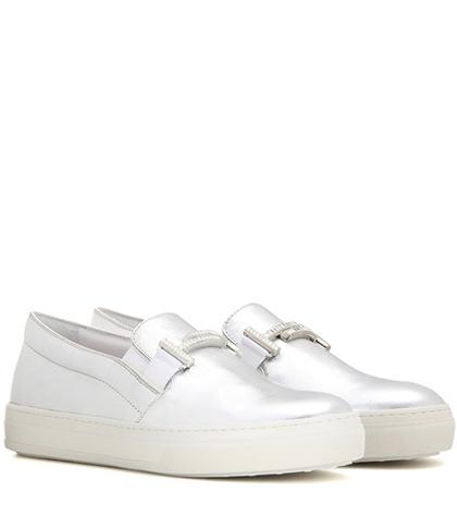 Tod's Sportivo Double T Metallic Leather Slip-on Sneakers