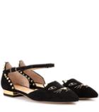 Charlotte Olympia Mid-century Kitty Studded Embroidered Suede Flats