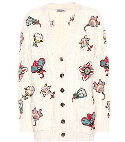 Valentino Floral-embroidered Wool Cardigan