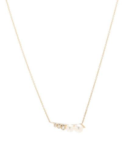 Sophie Bille Brahe Lune Perle Et Diamant 14kt Gold Necklace With Diamonds And Pearls