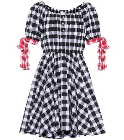 Caroline Constas Bardot Tie Gingham Cotton Minidress