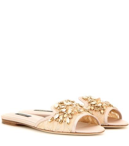 Roger Vivier Embellished Lace Slippers
