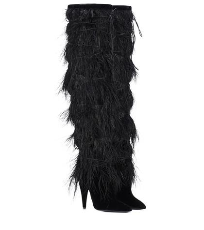 Saint Laurent Yeti 110 Feather-trimmed Velvet Boots