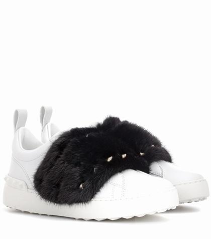 Valentino Garavani Valentino Garavani Open Mink Fur-trimmed Leather Sneakers