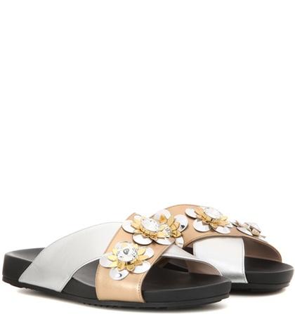 Fendi Embellished Metallic Leather Slip-on Sandals