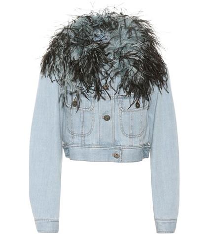Staud Feather-trimmed Denim Jacket