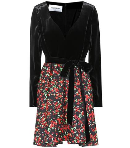 Valentino Floral-printed Velvet And Crêpe Dress