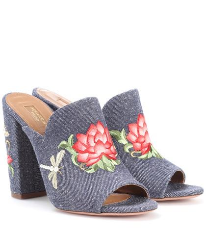 Aquazzura Lotus 105 Embroidered Denim Mules