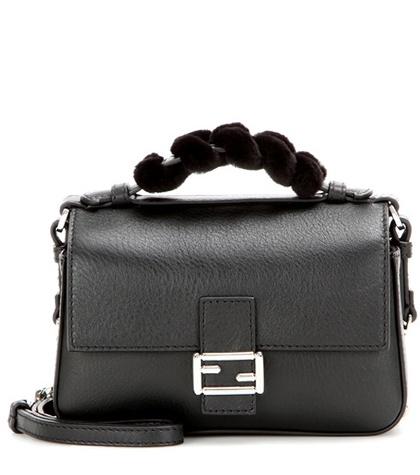 Fendi Double Micro Baguette Fur-trimmed Leather Shoulder Bag