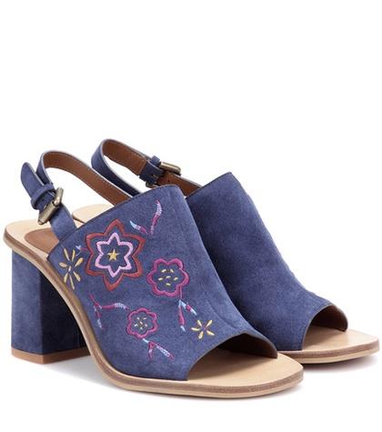 Balenciaga Embroidered Suede Sling-back Sandals