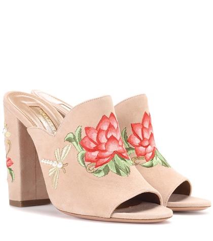 Aquazzura Lotus 105 Embroidered Suede Mules