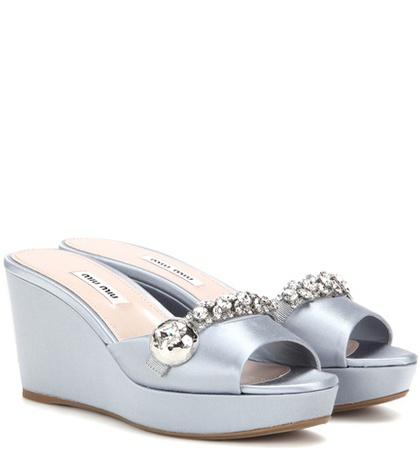 Miu Miu Satin Wedge Sandals With Crystal Embellishments