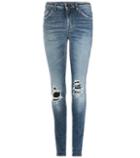 Saint Laurent Distressed Skinny Jeans With Leather